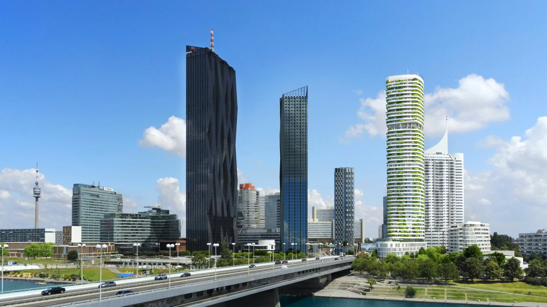 De woontoren DANUBEFLATS in Wenen - in een totaalbeeld met andere gebouwen.