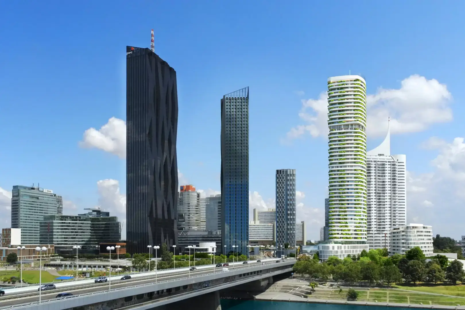 De woontoren DANUBEFLATS in Wenen - in een totaalbeeld met andere gebouwen.